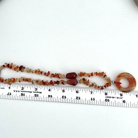 Carnelian & Agate Gemstone Chip Necklace with Banded Agate Donut Pendant - Picture 7 of 8